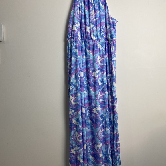 NWT Gilli Blue Lavender Marble Plus Size Halter Neckline Maxi Dress with Slit - Picture 5 of 7